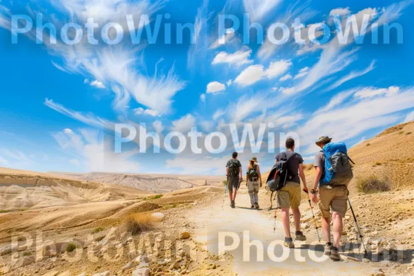 קבוצת חברים מטיילת במדבר הנגב, ממדינת ישראל. ענן, נוף טבעי, ציוד טיולים