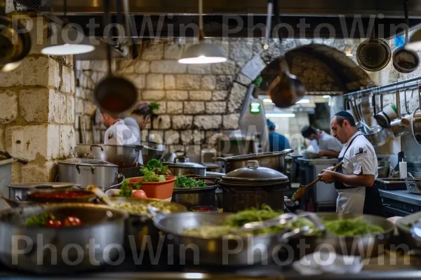 שף מבשל מנות ישראליות מסורתיות ממדינת ישראל. כובע, רוֹכֵל, עִיר