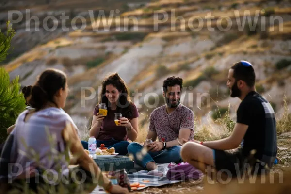 קבוצת חברים נהנית מפיקניק בהרי יהודה, ממדינת ישראל. חוּלצָה, אוֹר שֶׁמֶשׁ, דֶשֶׁא