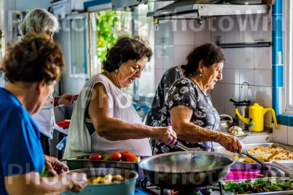 קבוצת נשים מכינה מאכלים ישראלים מסורתיים, תרבות וטעם, ממדינת ישראל. מזון, שולחן, קערת ערבוב