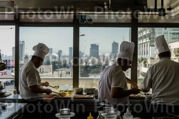 שפים מבשלים סעודה במסעדה תל אביבית, ממדינת ישראל. שָׁמַיִם, גורד שחקים, חַלוֹן