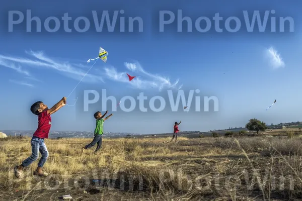 ילדים מעיפים עפיפונים בשדות רמת הגולן, חופש ושמחה, ממדינת ישראל. שָׁמַיִם, ענן, שַׂמֵחַ