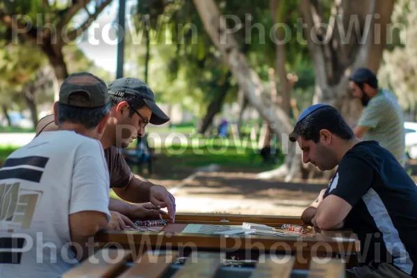 קבוצת גברים משחקים שש בש בפארק, ממדינת ישראל. עֵץ, כובע, פְּנַאִי