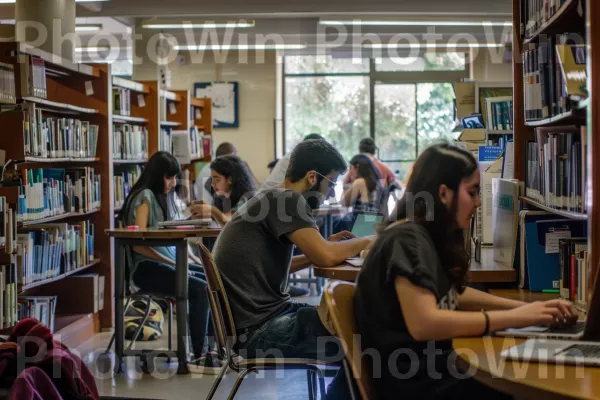 סטודנטים לומדים יחד בספרייה שוקקת, ממדינת ישראל. כּוֹנָנִית, רְהִיטִים, מַחשֵׁב