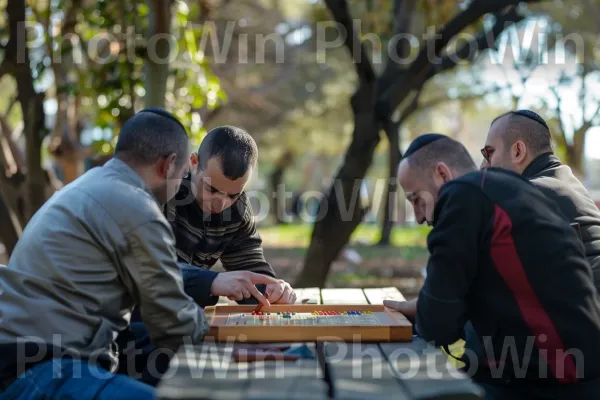 קבוצת גברים משחקים שש בש בפארק, ממדינת ישראל. עֵץ, פְּנַאִי, קהילה