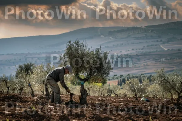 חקלאי מטפל במטע הזיתים שלו בגליל, עבודה קשה ומסורת, ממדינת ישראל. אנשים בטבע, עֵץ, היילנד