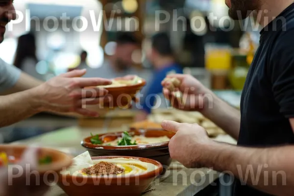 זוג חברים חולקים ארוחה בחומוסיה, חברות וטעם, ממדינת ישראל. מזון, צַלַחַת, מִטְבָּח