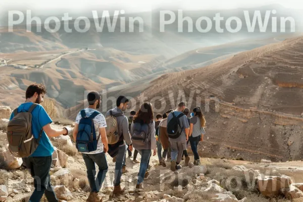 קבוצת חברים מטיילת בהרים, ממדינת ישראל. שָׁמַיִם, טיול, מזוודות ותיקים