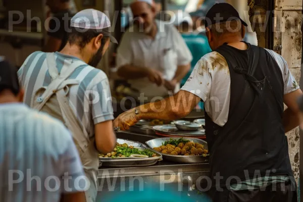 רוכלי רחוב מוכרים פלאפל בתל אביב, ממדינת ישראל. הַלבָּשָׁה, מזון, כלי שולחן