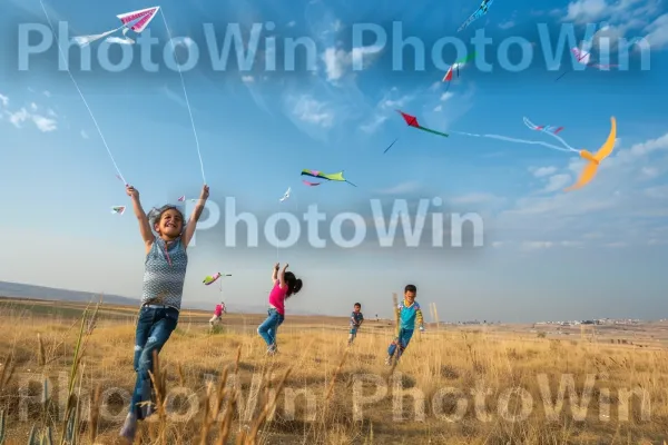 ילדים מעיפים עפיפונים בשדות רמת הגולן, חופש ושמחה, ממדינת ישראל. ענן, אנשים בטבע, מחווה