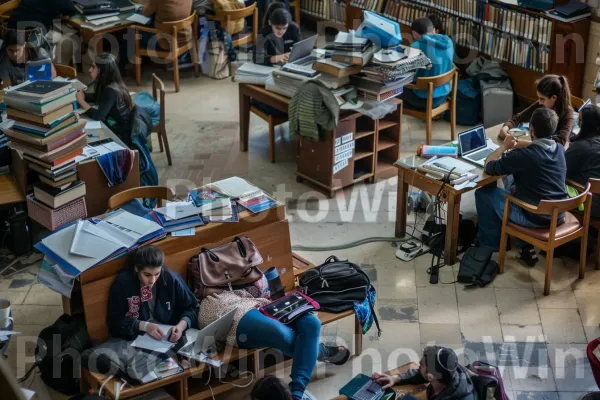 סטודנטים לומדים יחד בספרייה שוקקת, ממדינת ישראל. רְהִיטִים, כְּחוֹל, כּוֹנָנִית