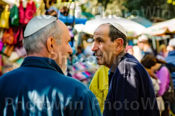 שני גברים שקועים בשיחה בשוק רחוב תוסס, ממדינת ישראל. סָגוֹל, צהוב, ז\'קֵט