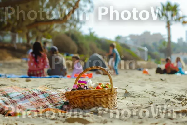 משפחה נהנית מפיקניק בחוף הים, ממדינת ישראל. צמח, אנשים בטבע, עץ