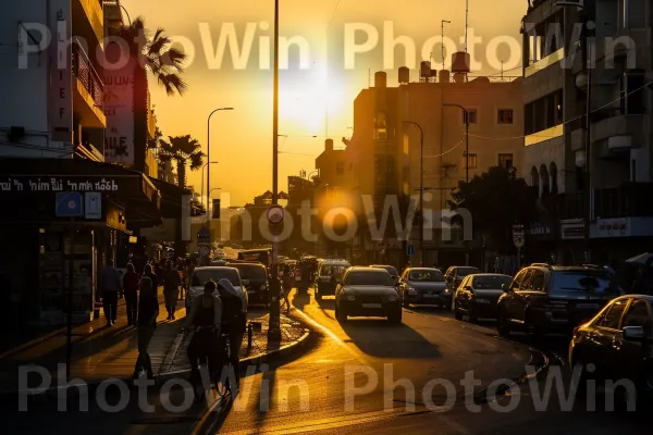 שקיעה מעל הרחובות השוקקים של תל אביב, ממדינת ישראל. שָׁמַיִם, גַלגַל, רכב