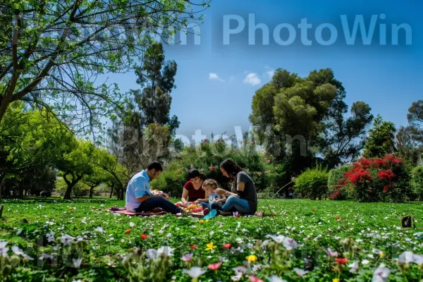 משפחה נהנית מפיקניק בפארק, ממדינת ישראל. צמח, שָׁמַיִם, עֵץ