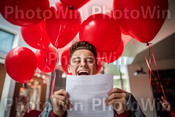 ילד בן 17 חוגג את קבלתו לאוניברסיטה החלומות שלו. חיוך, תַצלוּם, תְאוּרָה