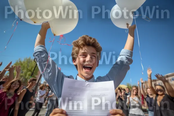 ילד בן 17 חוגג את קבלתו לאוניברסיטה החלומות שלו. יד, תַצלוּם, סביבה טבעית