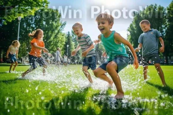 קבוצה של חברים בני 10 מנהלת קרב כיפי ברובי מים. מִכְנָסַיִים קְצָרִים, אנשים בטבע, חיוך