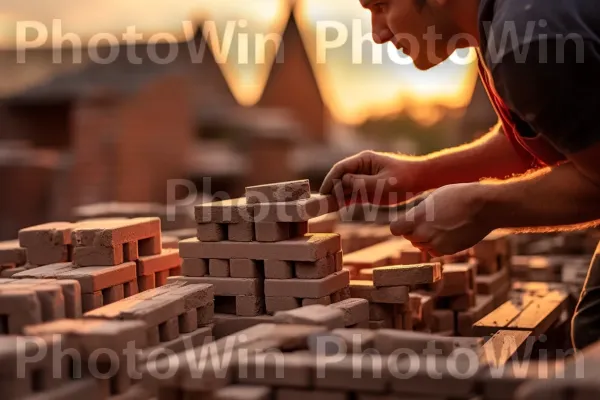 בנאי מיומן הנחת לבנים באומנות ליצירה אדריכלית מדהימה. הַנדָסָה, לְבֵנָה, ציוד שמע