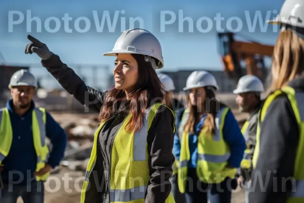 מהנדסת מכוונת בביטחון את הצוות שלה באתר בנייה. כובע קשה, שָׁמַיִם, שרוול