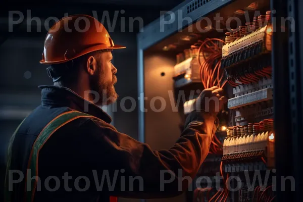 חשמלאי מוכשר חיווט לוח חשמל מורכב בדיוק. כובע קשה, קַסדָה, חַשְׁמַל