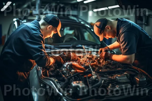 צוות מכונאים שעובד יחד במרץ לתיקון רכב. רכב, אוטו, עיצוב רכב