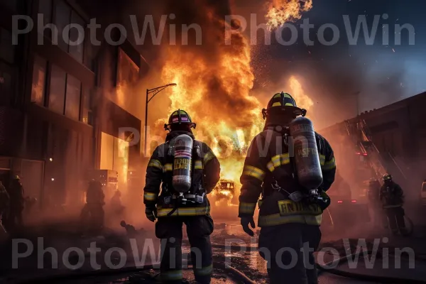 קבוצת כבאים פועלת יחד לכיבוי שריפה בוערת. בגדי עבודה, מִפגָע, בִּניָן