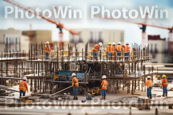 צוות בנאים מיומנים הנחת לבנים בקפדנות למבנה חדש. תַעֲשִׂיָה, הַנדָסָה, קרן