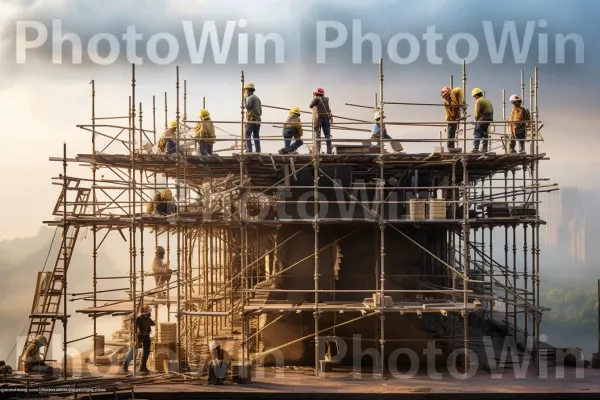 צוות בנאים מיומנים הנחת לבנים בקפדנות למבנה חדש. ענן, חַשְׁמַל, גַז