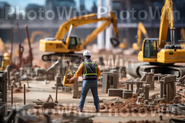 פועל בניין מחויב המפעיל במיומנות מכונות כבדות באתר בנייה. רכב, עץ, סוֹחֵר