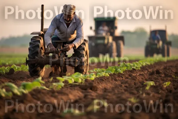 חקלאי חרוץ המפקח על שתילת יבולים בשדה עצום. גַלגַל, מכונות חקלאיות, חַקלאַי