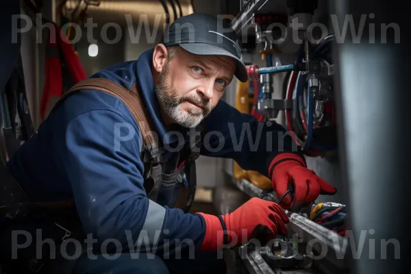 אינסטלטור בעל יכולת תיקון יעיל של צנרת דולפת בבית מגורים. ציוד שמע, כְּפָפָה, הַנדָסָה