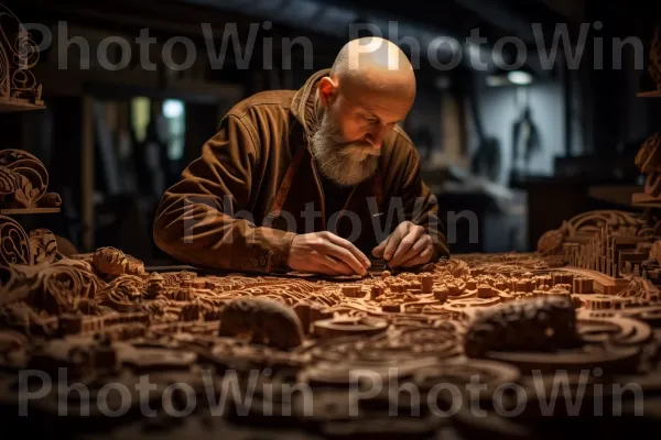 האומן החרוץ גילף עץ בקפידה לשולחן בהזמנה אישית. עץ, עִיר, רַצָפוּת