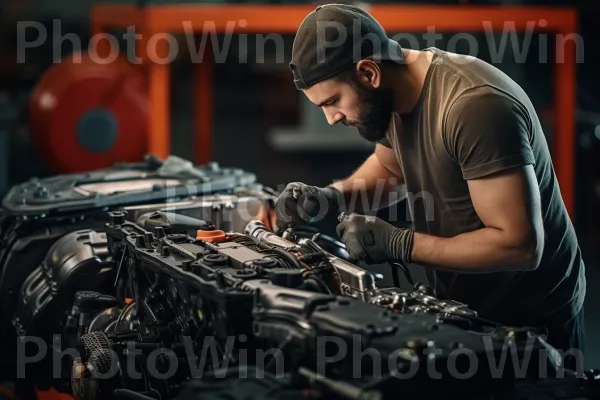 מכונאי מיומן המתקן במיומנות מנוע רכב עם מיקוד מירבי. עיצוב רכב, בידור, כובע