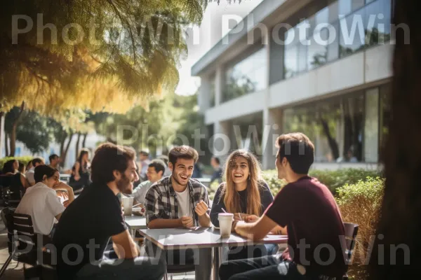 סטודנטים שקועים בדיונים נלהבים בקמפוס אוניברסיטאי שוקק חיים, ממדינת ישראל. שולחן, פְּנַאִי, מרחב ציבורי