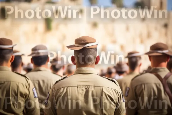 קבוצת חיילים מתפללת בכותל בהצגת הקדשה ממדינת ישראל. מדי צבא, כובע, נֶחָתִים