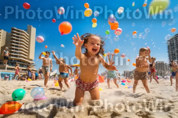 ילדים משחקים בחופים החוליים של תל אביב, ממדינת ישראל. שָׁמַיִם, אנשים על החוף, החוף