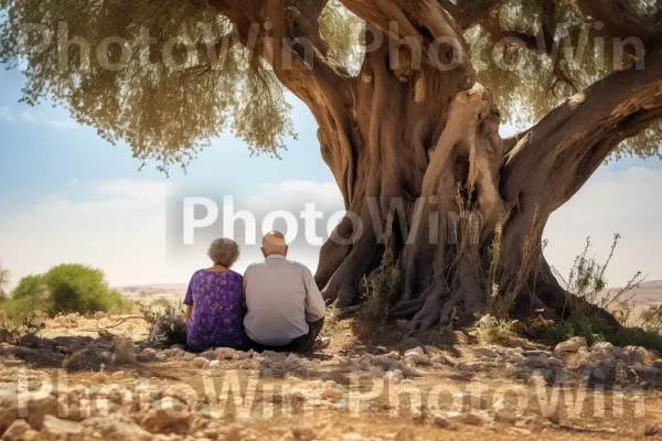 זוג מבוגרים נח בצל עץ זית עתיק, חולקים סיפורים, ממדינת ישראל. שָׁמַיִם, עץ, אוֹר שֶׁמֶשׁ