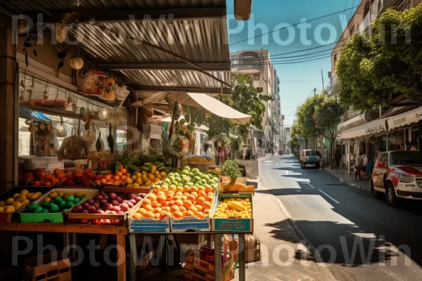 הרחובות השוקקים של תל אביב בצהריים שטוף שמש ממדינת ישראל. מזון, אוטו, מזונות טבעיים