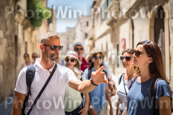 מדריכים את הדרך: קבוצה של מדריכי טיולים מנוסים המובילים תיירים להוטים דרך עיר היסטורית. משקפיים, טיפול חזון, משקפיים