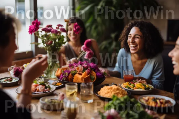 קבוצת חברים חולקת ממרח ארוחת בוקר ישראלית טעימה הכוללת פלאפל טרי וחומוס ממדינת ישראל. חיוך, צַלַחַת, צמח