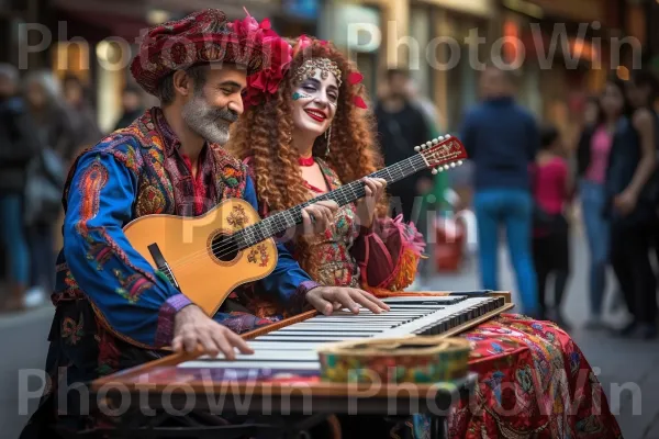 אמני רחוב המשעשעים את הולכי הרגל במוזיקה עממית ישראלית מסורתית, ממדינת ישראל. כלי נגינה, כובע, כלי מיתר