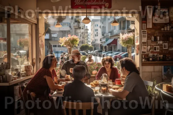 בית קפה שוקק חיים בתל אביב, בו נהנים המקומיים מהמנה היומית של קפה ישראלי חזק, ממדינת ישראל. שולחן, בִּניָן, עיצוב פנים