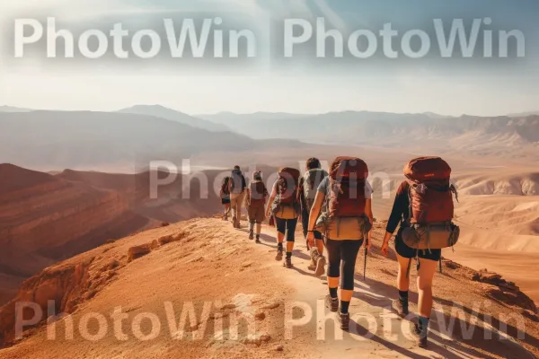 קבוצת חברים מטיילת במדבר יהודה הציורי, ממדינת ישראל. שָׁמַיִם, הַר, נוֹף