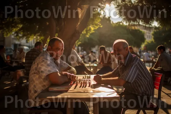 חברים מתכנסים למשחק שש בש תוסס בפארק מקומי, ממדינת ישראל. שולחן, כִּסֵא, תְאוּרָה