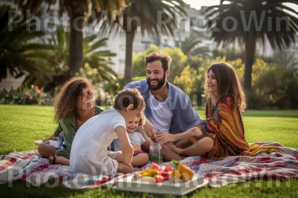 משפחה נהנית מפיקניק בגנים הבהאים היפים בחיפה, ממדינת ישראל. פָּנִים, מִכְנָסַיִים קְצָרִים, עלה