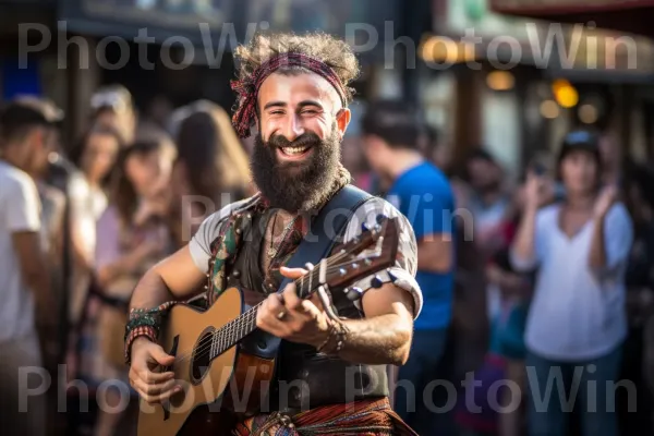 נגן רחוב כובש קהל במוזיקה ישראלית מסורתית, ממדינת ישראל. חיוך, אופנה, מוּסִיקָאִי