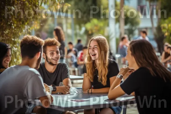 סטודנטים שקועים בדיונים נלהבים בקמפוס אוניברסיטאי שוקק חיים, ממדינת ישראל. חיוך, שַׂמֵחַ, כִּסֵא