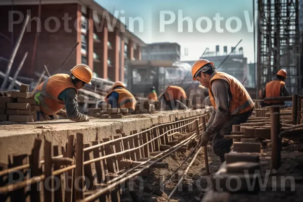 קבוצת פועלי בניין הנחת לבנים בשקדנות לבניין חדש. בִּניָן, כובע קשה, בגדים בעלי נראות גבוהה