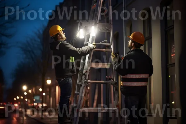 מציתי השמים: קבוצת חשמלאים שמתקינים במיומנות פנסי רחוב נישאים. חַשְׁמַל, עוֹמֵד, שָׁמַיִם